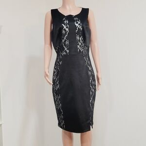 𝅺jax Black White Stretch Satin Lace Sheath Cocktail Social Dress Size: 14
